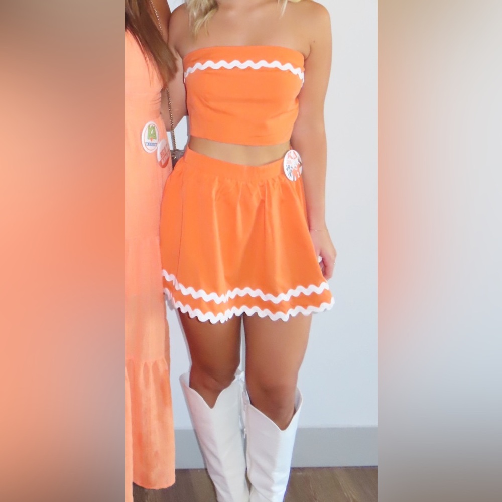 Orange & White Two Piece Strapless Top and Skirt Game Day Medium